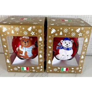 Italy Hand‎ Painted Glass Christmas Ornaments Lot of 2 Bears Polar Brown Re